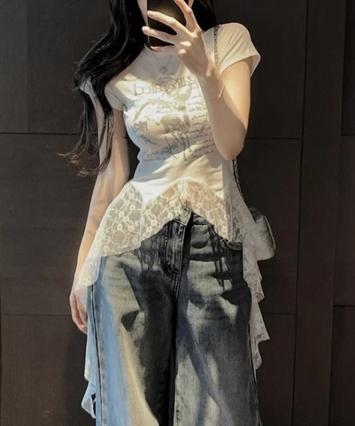 SHEENA（シーナ） tシャツ 半袖 レースフリルイレヘムプリントTシャツ