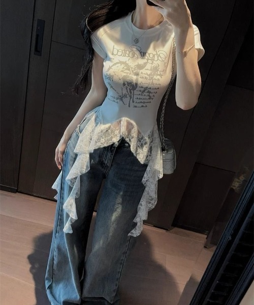SHEENA（シーナ） tシャツ 半袖 レースフリルイレヘムプリントTシャツ