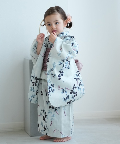 utatane 浴衣 キッズ浴衣3点セット サイダー色に溶け込む萩と