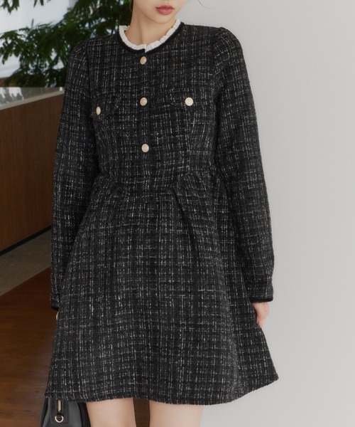 Lallana ラメココツイードフリルワンピース チェック フリーサイズ Lallana（ララーナ） ワンピース Lame coco tweed frill dress/ラメ
