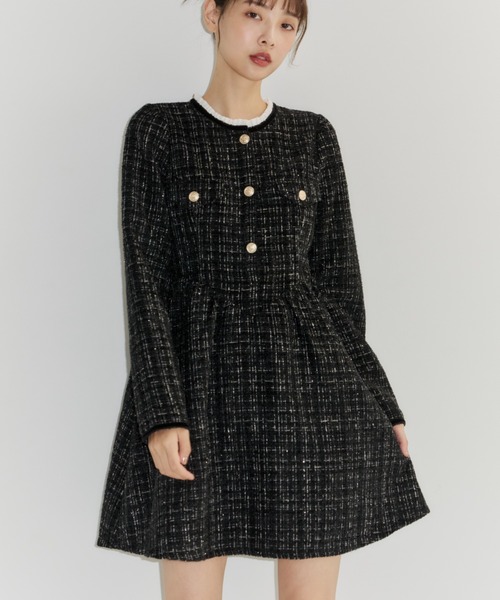 Lallana（ララーナ） ワンピース Lame coco tweed frill dress/ラメ