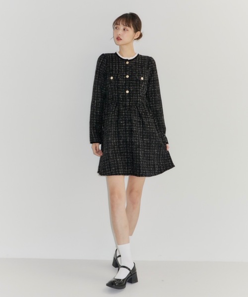 Lallana ラメココツイードフリルワンピース チェック フリーサイズ Lallana（ララーナ） ワンピース Lame coco tweed frill dress/ラメ