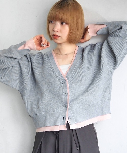 tiptop（ティップトップ） カーディガン 畦編配色Vネックショート
