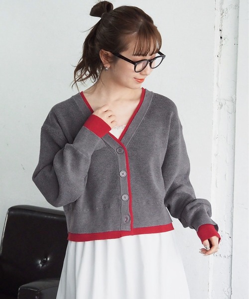tiptop（ティップトップ） カーディガン 畦編配色Vネックショート