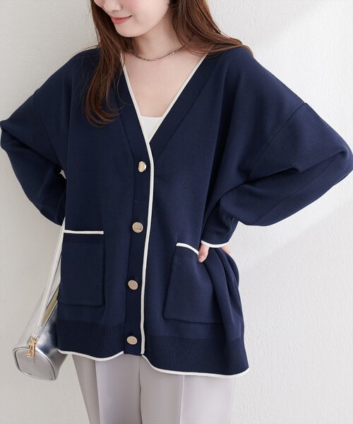 natural couture カーディガン Vネックポケ付きミドルカーディガン