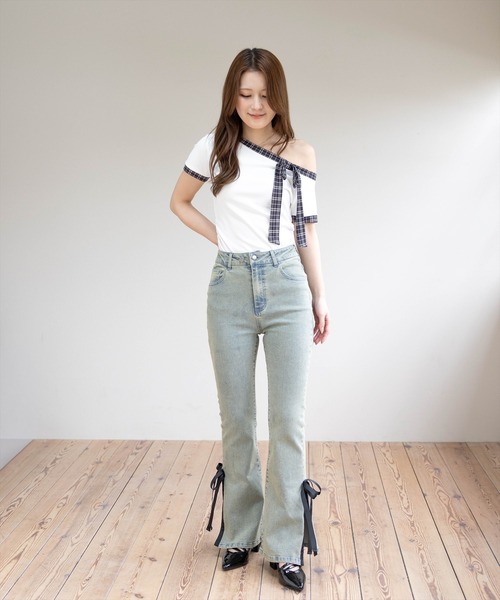 clear tシャツ 半袖 チェックリボンワンショル半袖カットソー「骨格