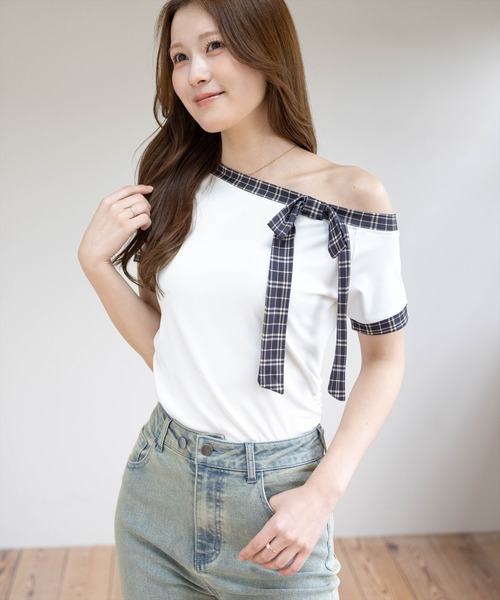 く様 clear tシャツ 半袖 チェックリボンワンショル半袖カットソー「骨格