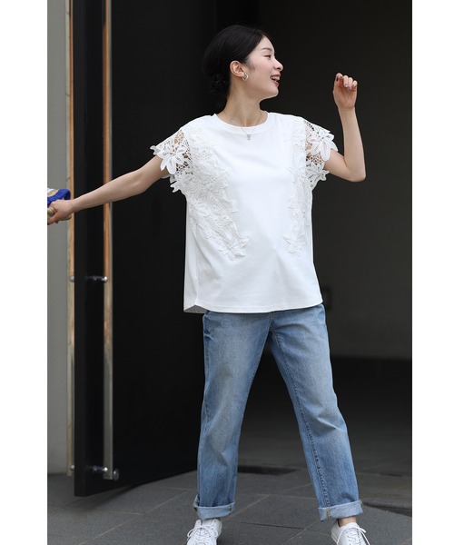 cawaii tシャツ 着ればエレガント増し花レース袖Tシャツ