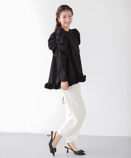fitmore パワショルトップス 裾フリルギャザースリーブブラウス Fit more tシャツ 裾フリルギャザースリーブブラウス レディース