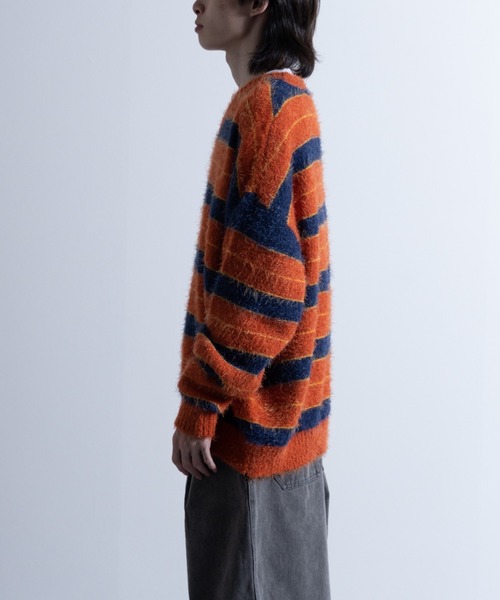 ニット セーター 「Shaggy Solid/Border Loose V-neck Knit Sweater / シャギー 無地/ボーダー柄 ルーズ セール】Shaggy Solid/Border Loose V-neck Knit Sweater