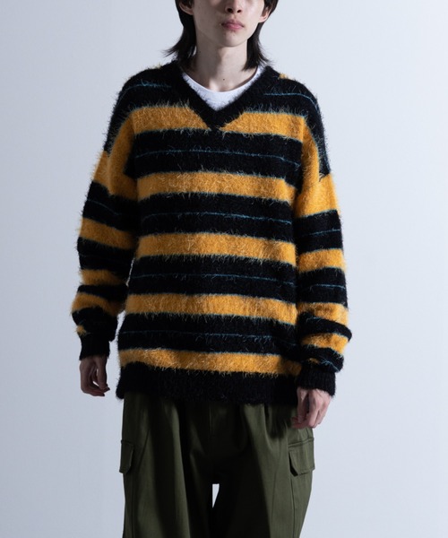 ニット セーター 「Shaggy Solid/Border Loose V-neck Knit Sweater / シャギー 無地/ボーダー柄 ルーズ NYLAUS セーター ニット Shaggy Solid/Border Loose V-neck Knit