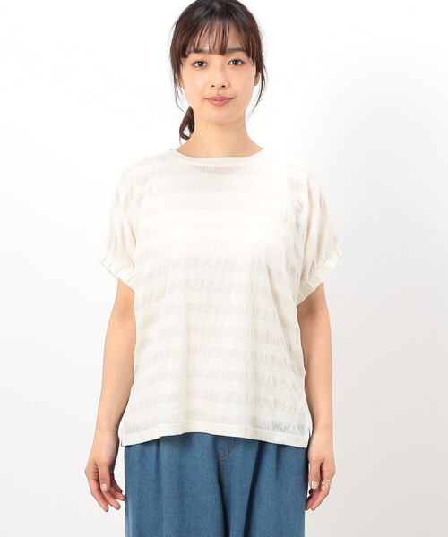 tシャツ 半袖 シアーボーダー ドルマンスリーブTシャツ レディース