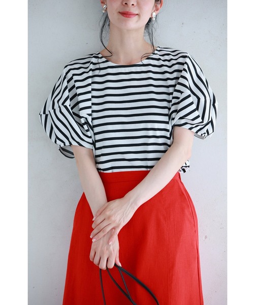 tシャツ ぽわんと風船パフスリーブのボーダーカットソートップス レディース cawaii tシャツ ぽわんと風船パフスリーブのボーダーカットソー