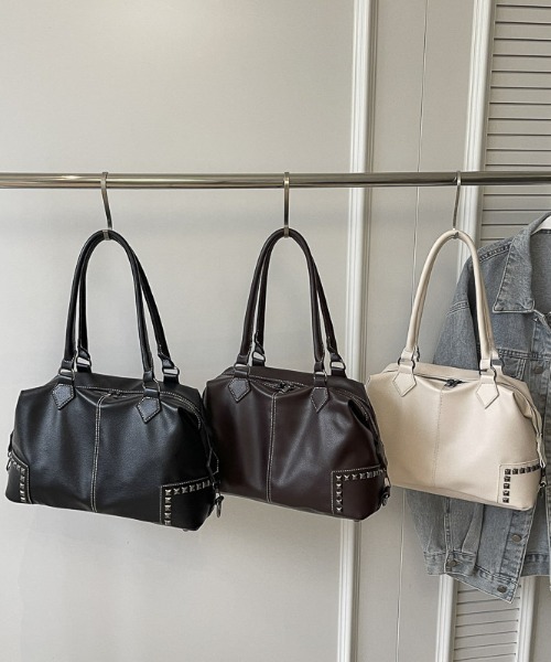 lilful ボストンバッグ PUレザー スタッズアクセント ミニボストン