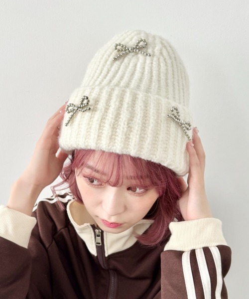 SOLLON.（ソルロン） ニット帽 ニットキャップ シルバービーズリボン
