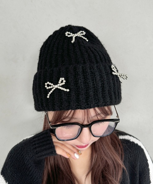 SIIILON Sparkle knit cap シーロン　ニットキャップ SOLLON.（ソルロン） ニット帽 ニットキャップ シルバービーズリボン