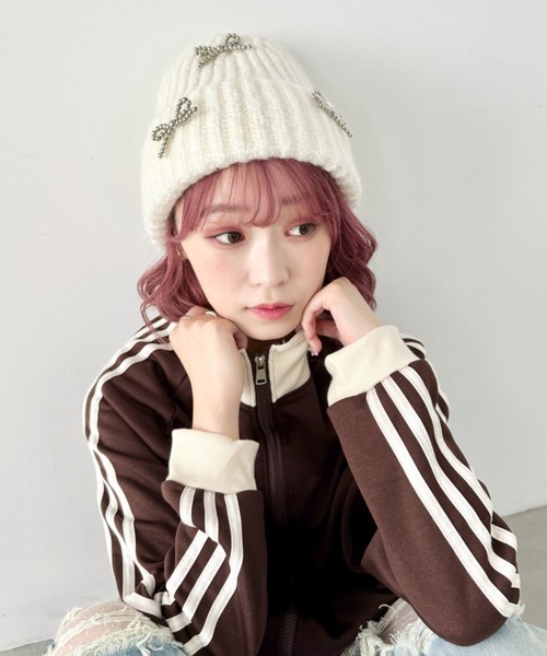 SOLLON.（ソルロン） ニット帽 ニットキャップ シルバービーズリボン