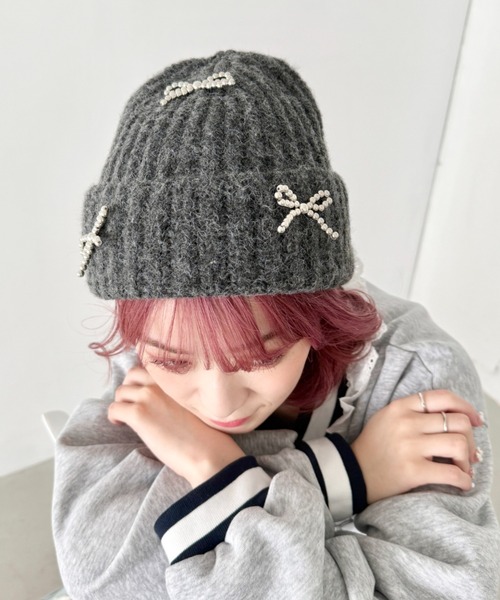 SOLLON.（ソルロン） ニット帽 ニットキャップ シルバービーズリボン