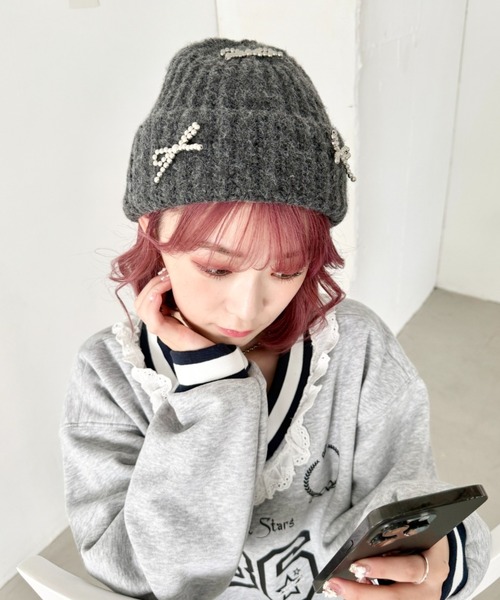 SOLLON.（ソルロン） ニット帽 ニットキャップ シルバービーズリボン