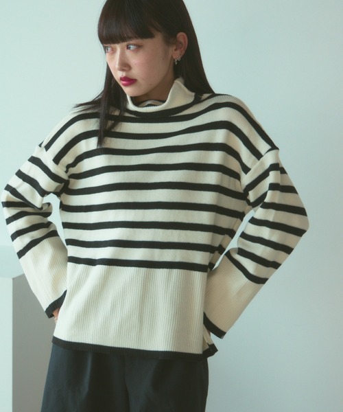 【ほぼ新品】アニエスベー タートルネック コットン リブ ボーダー ニット 長袖 To b. by agnes b.（トゥービーバイアニエスベー）の「ニュー