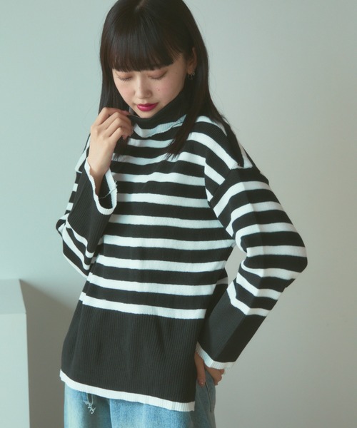 【定価16,500円】スタイル抜群　ステラウール　ニット　ボーダー　ハイネック Pierrot ニット セーター ハイネックボーダーニット レディース