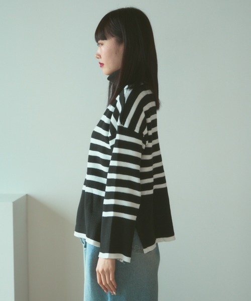 d.i.aラメニット背中開きリング肩出しボーダーレースカットソー白黒ショート半袖 d.i.a - d.i.aラメニット背中開きリング肩出しボーダーレース