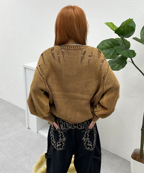 ニット セーター オーバーサイズダメージピンニット レディース メンズ セーター ニット ピグメントダメージニット メンズ レディース