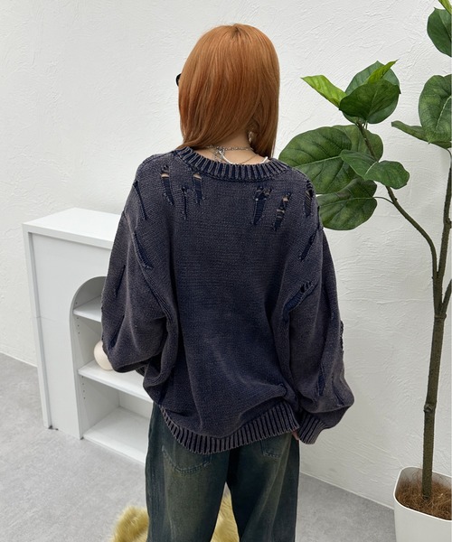 ニット セーター オーバーサイズダメージピンニット レディース メンズ セーター ニット ピグメントダメージニット メンズ レディース
