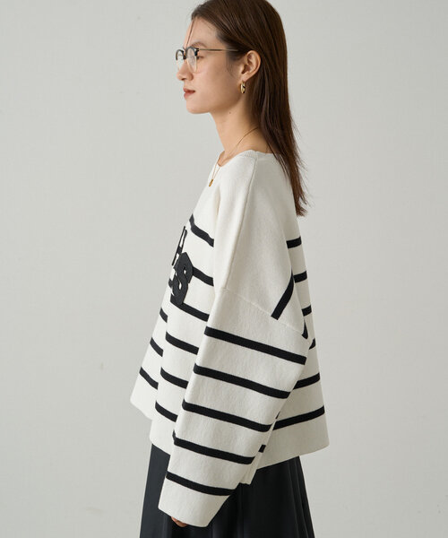 【LOUNGEDRESS】ボーダーロゴニット　オフホワイト Loungedress（ラウンジドレス） ニット セーター ボーダーロゴニット