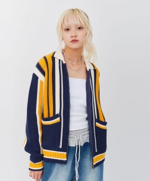 カーディガン atmos pink Stripe Knit Cardigan / アトモス ピンク ストライプ ニット カーディガン レディース