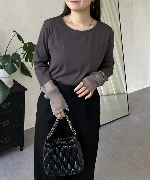 カットソー 韓国 ラメ 春夏 トップス 切替 シアー ベロア prose verse tシャツ ラメ袖シアー切替トップス レディース