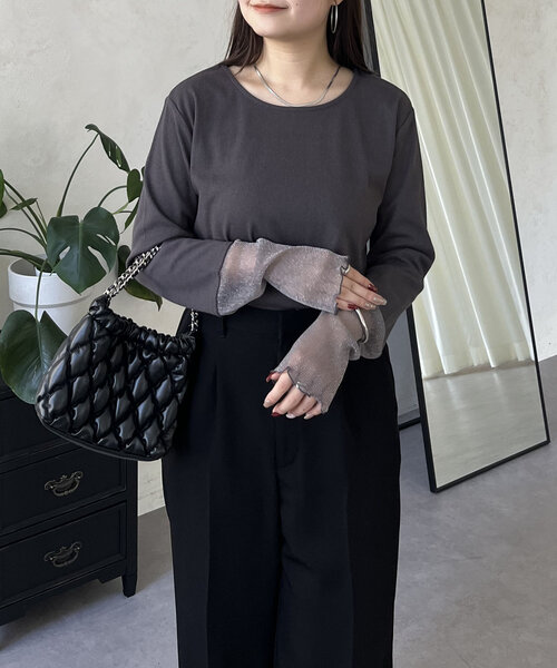 カットソー 韓国 ラメ 春夏 トップス 切替 シアー ベロア prose verse tシャツ ラメ袖シアー切替トップス レディース