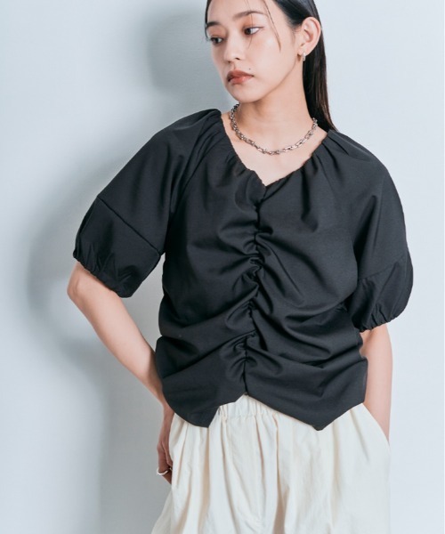 ブラウス シャツ シャーリングスリーブシャツ レディース SpRay ブラウス シャツ 花柄シャーリングリボンショートスリーブ