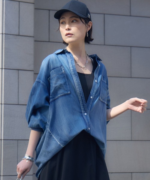 ブラウス シャツ Dignite Collier 袖リブシアーデニムスナップボタン付シャツ レディース