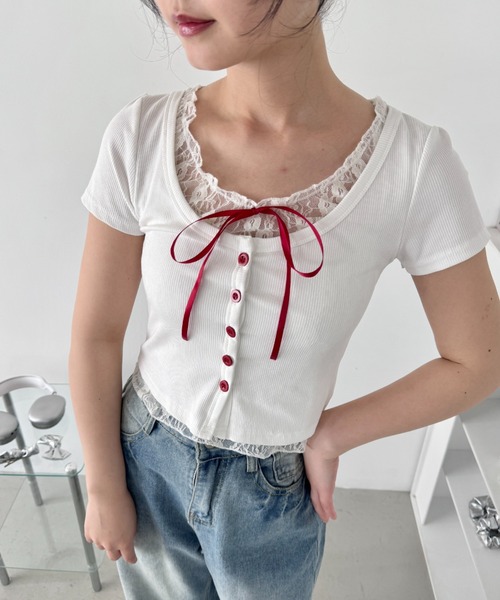 Loueme tシャツ レースリボンレイヤードトップス レディース 
