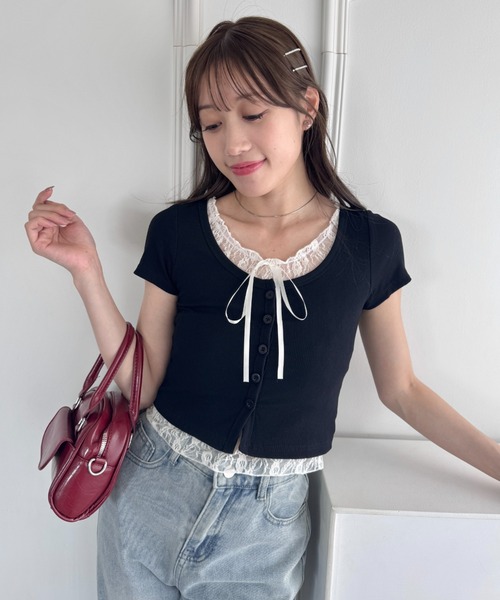 Loueme tシャツ レースリボンレイヤードトップス レディース