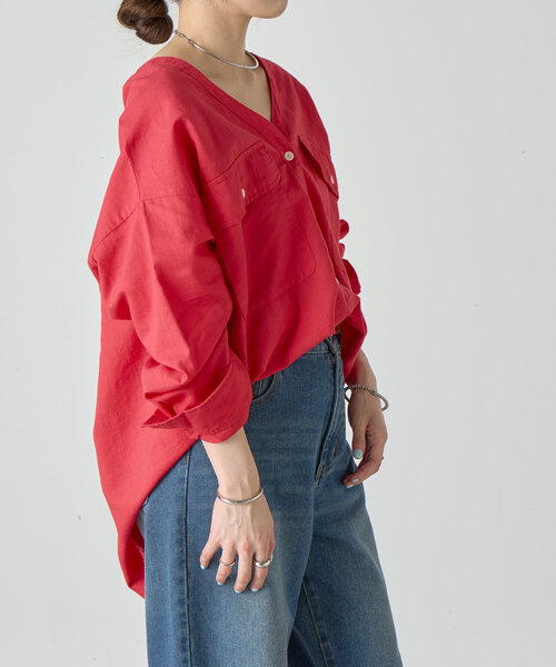 美品⭐️Chaos ラミーシャツ Vネック日本製 リネンシャツ シアー　深緑　希少 サイズ 〕 ラミーシャンブレー シアーシャツ（78-20HK02-205
