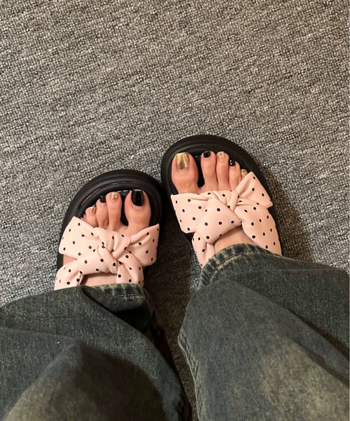 AsRiRe サンダル 新柄追加/ドット柄クロスリボン厚底サンダル