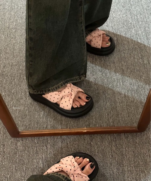 AsRiRe サンダル 新柄追加/ドット柄クロスリボン厚底サンダル