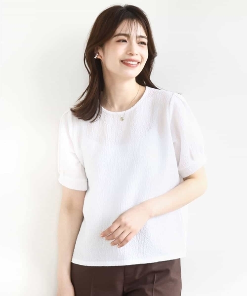 tシャツ ふくれシャーリングパフスリーブトップス/洗える レディース OFUON tシャツ ふくれシャーリングパフスリーブトップス/洗える