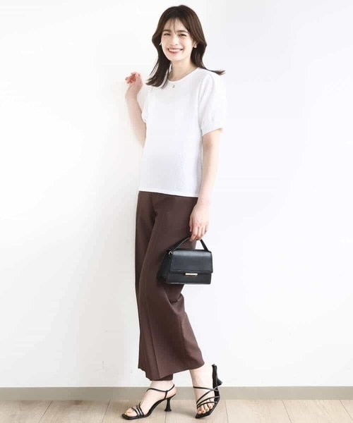 tシャツ ふくれシャーリングパフスリーブトップス/洗える レディース OFUON tシャツ ふくれシャーリングパフスリーブトップス/洗える