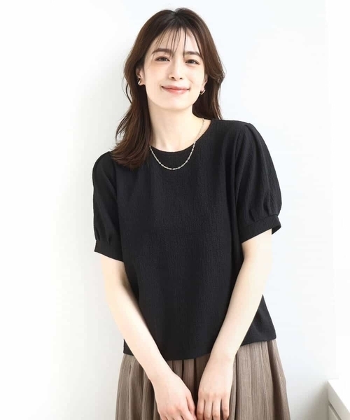 tシャツ ふくれシャーリングパフスリーブトップス/洗える レディース OFUON tシャツ ふくれシャーリングパフスリーブトップス/洗える