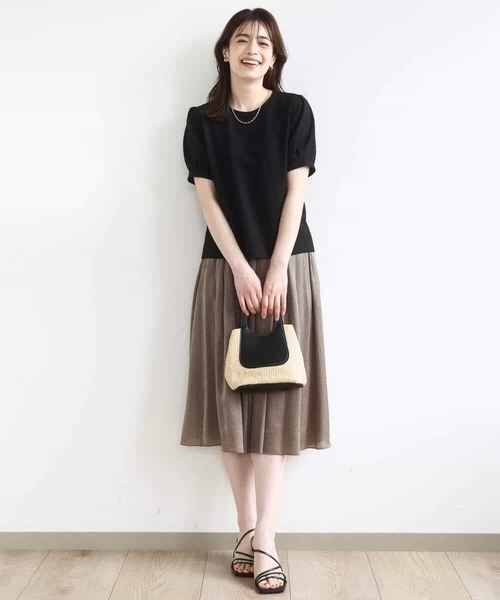 tシャツ ふくれシャーリングパフスリーブトップス/洗える レディース OFUON tシャツ ふくれシャーリングパフスリーブトップス/洗える