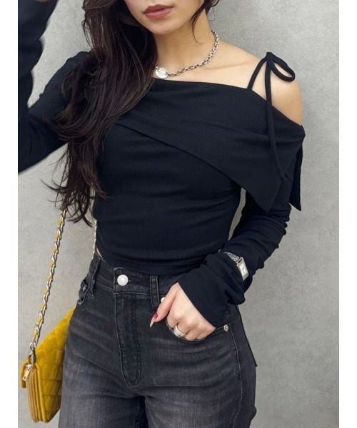 tシャツ リブオフショルトップス レディース