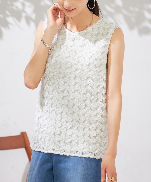 tシャツ ローズチュールレーストップス レディース