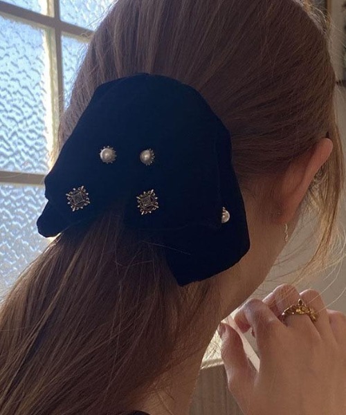 ヘアクリップ パールビジュー付き ベロア リボン : ZOZOTOWN Yahoo!店