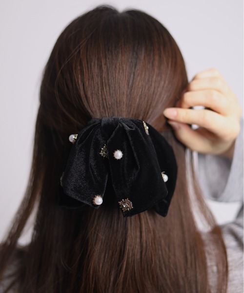 ヘアクリップ パールビジュー付き ベロア リボン : ZOZOTOWN Yahoo!店