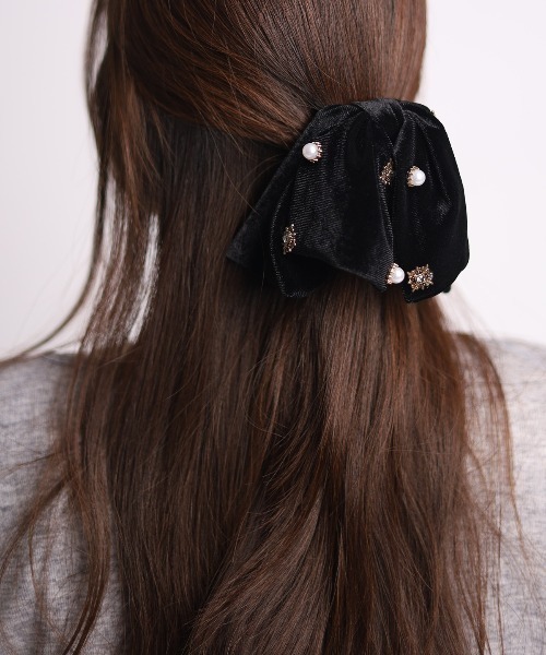 ヘアクリップ パールビジュー付き ベロア リボン : ZOZOTOWN Yahoo!店