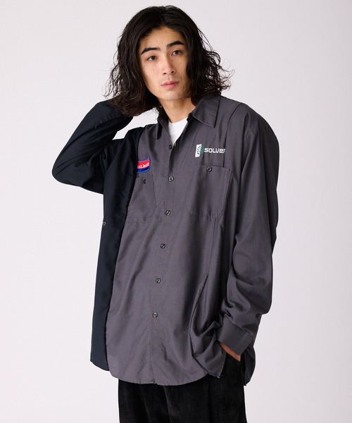 Atlast&co ワッペンワークシャツ グレー×黒 マチ付き 新品 ALL RUNS シャツ 切り替えデザイン ワッペンワークシャツ メンズ