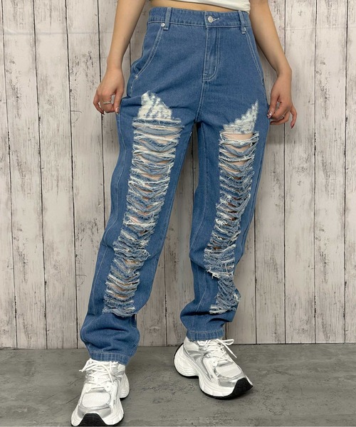 パンツ 「大胆クラッシュ×美脚ストレート」レディース デニムパンツ